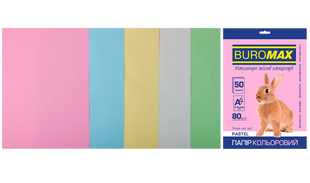 Папір кольоровий BUROMAX PASTEL, асорті, 50 аркушів, А4, 80 г/м&sup2;