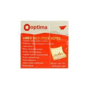 Папір для нотаток з клейовим шаром Optima, лінія 75x75 мм, жовтий пастель, 100 аркушів
