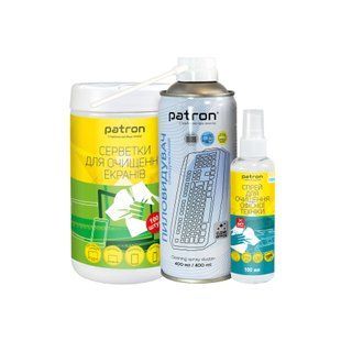 Набор для очистки оргтехники Patron 3в1 (спрей 100мл + салфетки 100шт + воздух 400мл)