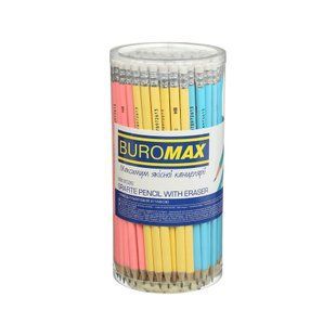 100 графитовых карандашей BUROMAX PASTEL, НВ, с ластиком, корпус ассорти